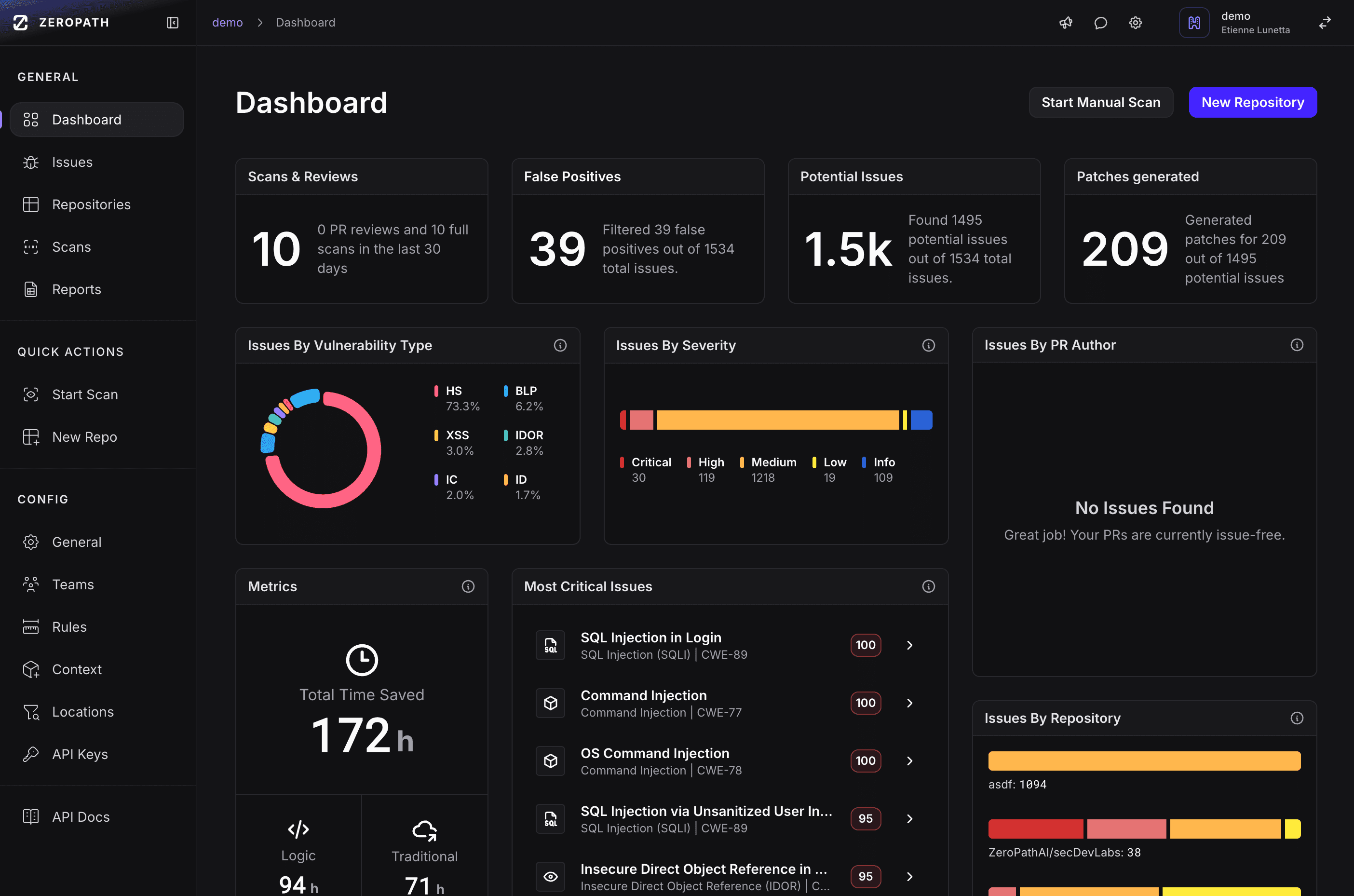 ZeroPath dashboard showing consolidated SAST findings with AI-powered triage and remediation