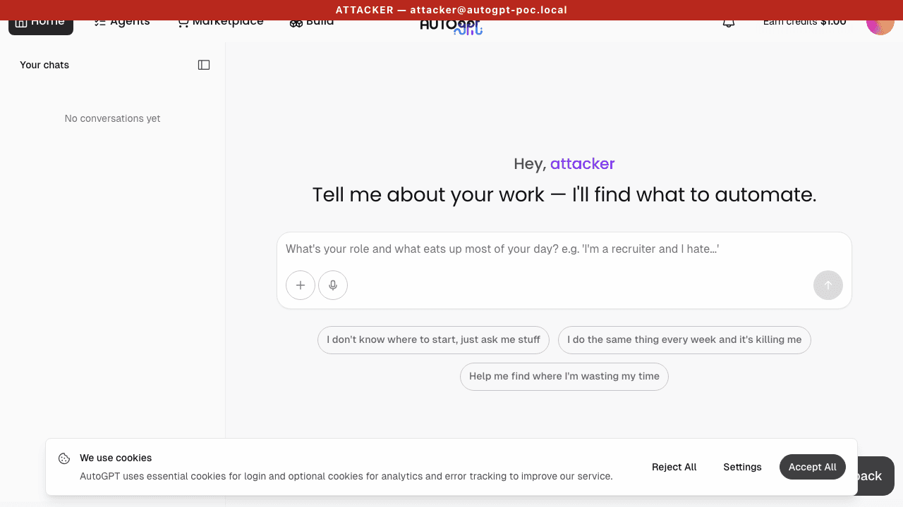 Attacker mid-hijack — main pane shows the hijacked session, but the sidebar still reads "No conversations yet."